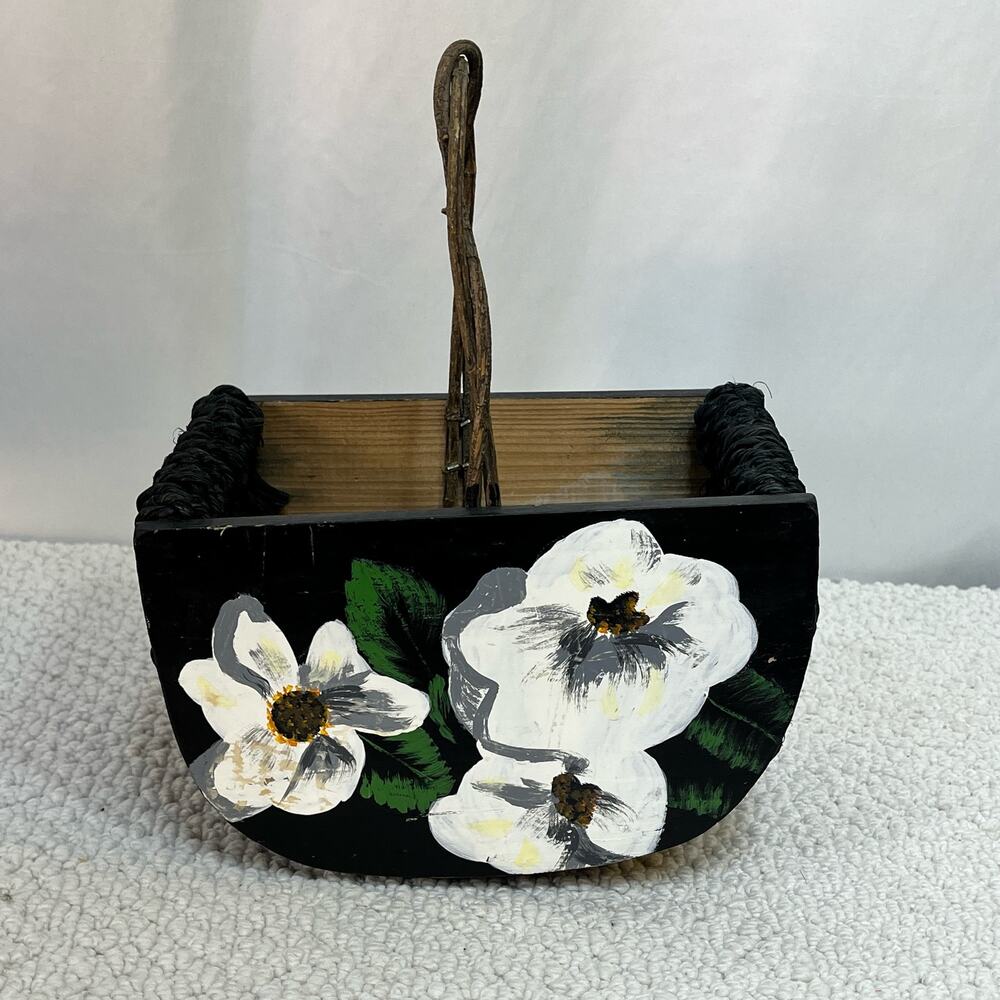 Shabby Chic Painted Wooden Basket Twig Handle Black White Floral 8" x 11" x 5"